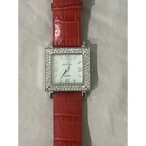 Peugeot Pealized Dial Crystal Accent Rectangle Case Red Leather Band Watch